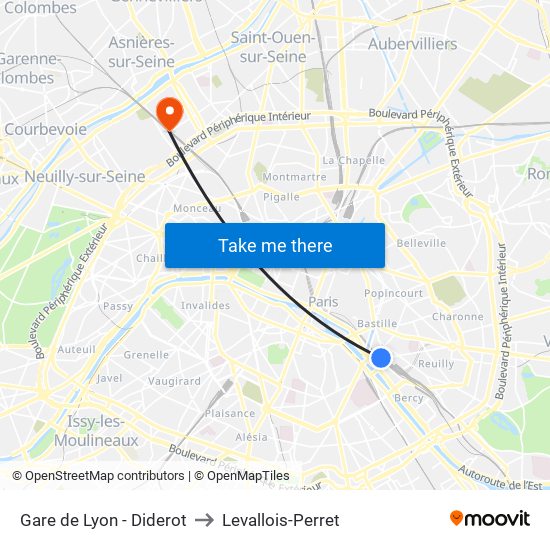 Gare de Lyon - Diderot to Levallois-Perret map