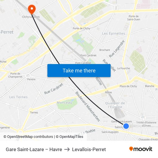 Gare Saint-Lazare – Havre to Levallois-Perret map