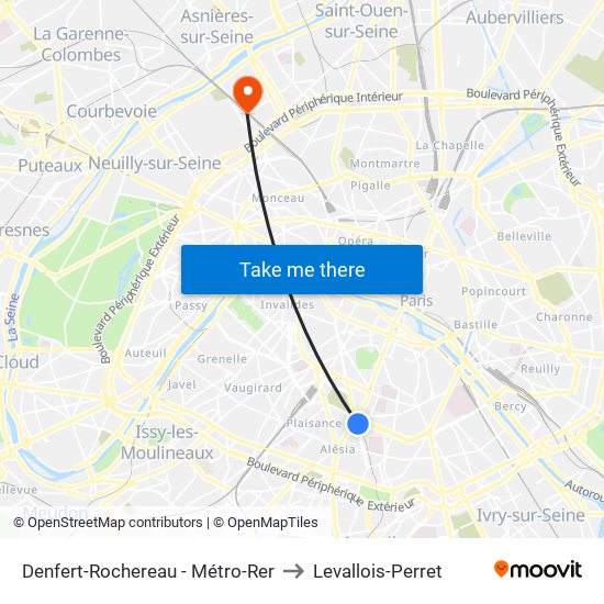 Denfert-Rochereau - Métro-Rer to Levallois-Perret map