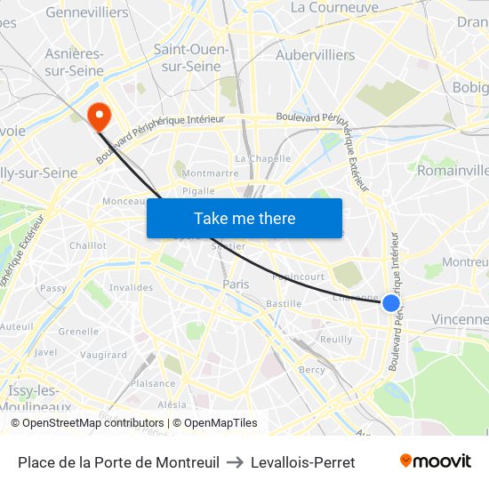 Place de la Porte de Montreuil to Levallois-Perret map