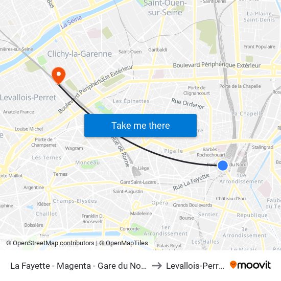 La Fayette - Magenta - Gare du Nord to Levallois-Perret map
