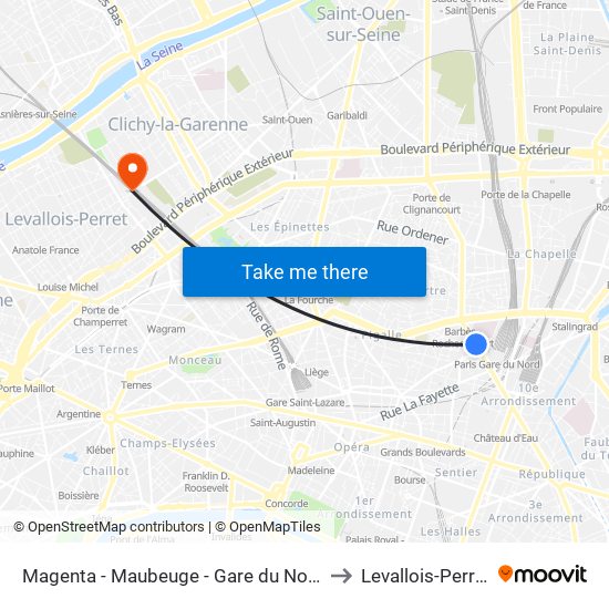 Magenta - Maubeuge - Gare du Nord to Levallois-Perret map