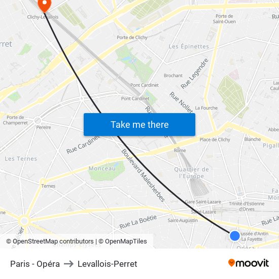Paris - Opéra to Levallois-Perret map