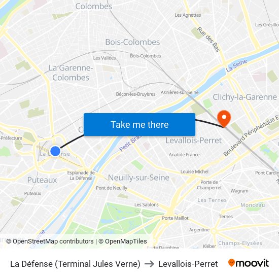 La Défense (Terminal Jules Verne) to Levallois-Perret map