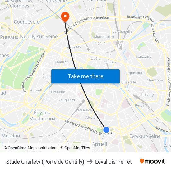 Stade Charléty (Porte de Gentilly) to Levallois-Perret map