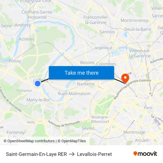 Saint-Germain-En-Laye RER to Levallois-Perret map