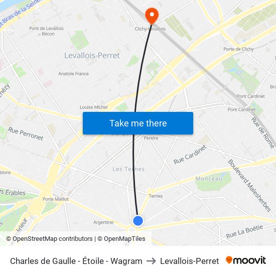 Charles de Gaulle - Étoile - Wagram to Levallois-Perret map