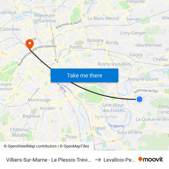 Villiers-Sur-Marne - Le Plessis-Trévise RER to Levallois-Perret map