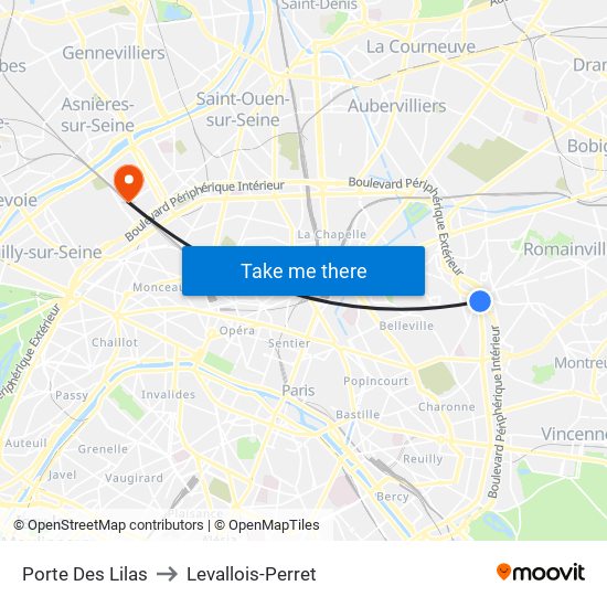 Porte Des Lilas to Levallois-Perret map