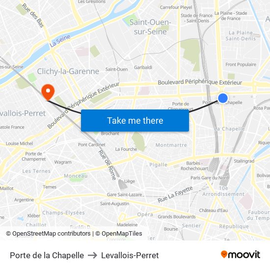 Porte de la Chapelle to Levallois-Perret map