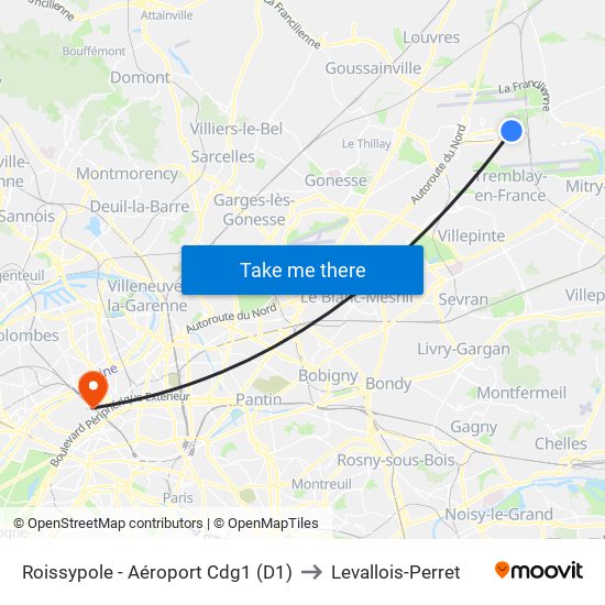 Roissypole - Aéroport Cdg1 (D1) to Levallois-Perret map