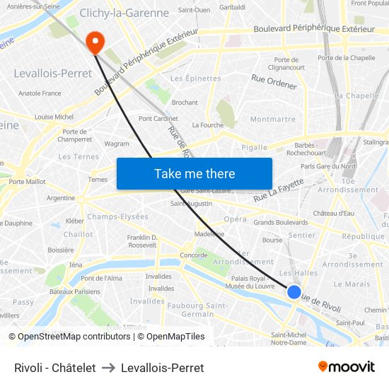 Rivoli - Châtelet to Levallois-Perret map