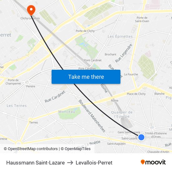 Haussmann Saint-Lazare to Levallois-Perret map