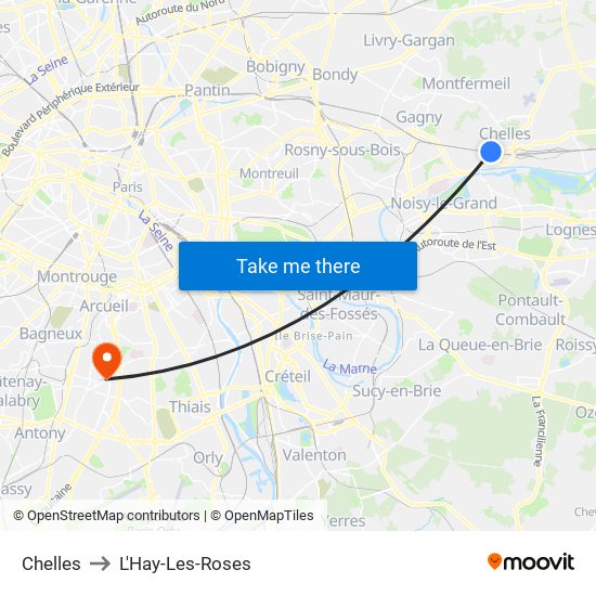 Chelles to L'Hay-Les-Roses map