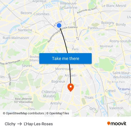 Clichy to L'Hay-Les-Roses map