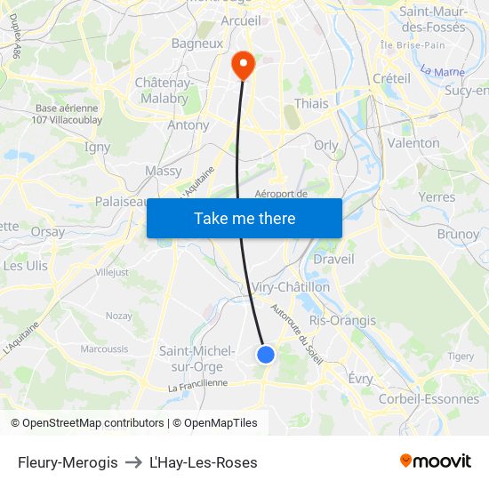 Fleury-Merogis to L'Hay-Les-Roses map