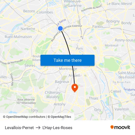 Levallois-Perret to L'Hay-Les-Roses map