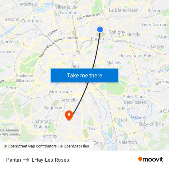 Pantin to L'Hay-Les-Roses map