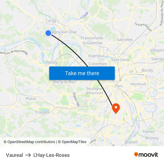 Vaureal to L'Hay-Les-Roses map