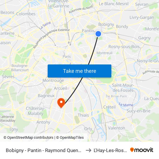 Bobigny - Pantin - Raymond Queneau to L'Hay-Les-Roses map