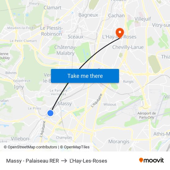 Massy - Palaiseau RER to L'Hay-Les-Roses map