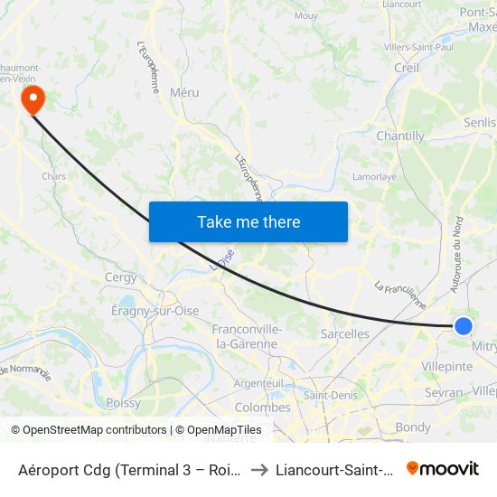 Aéroport Cdg (Terminal 3 – Roissypôle) to Liancourt-Saint-Pierre map