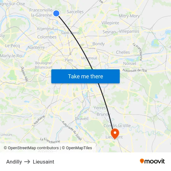 Andilly to Lieusaint map