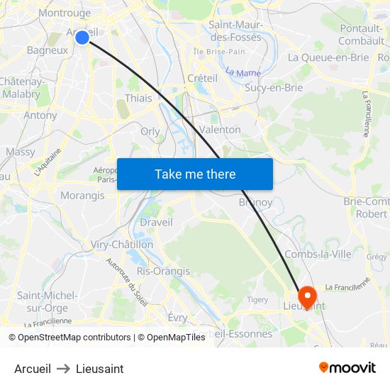 Arcueil to Lieusaint map