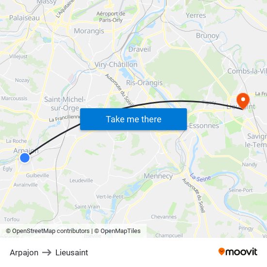 Arpajon to Lieusaint map