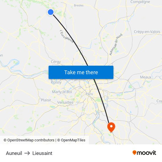 Auneuil to Lieusaint map