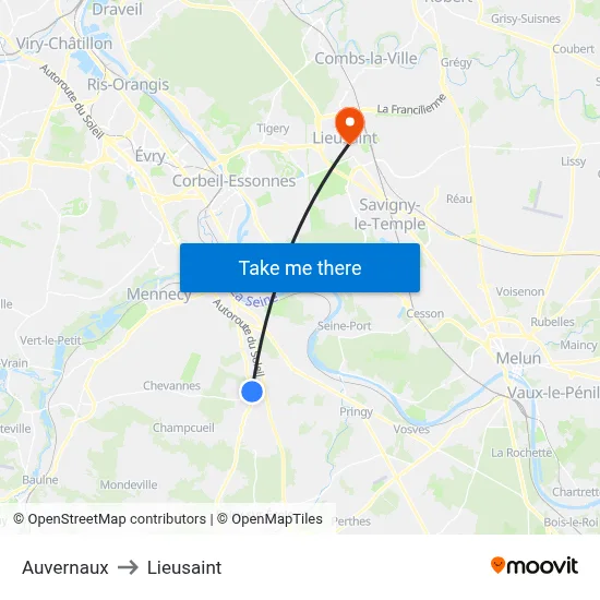 Auvernaux to Lieusaint map