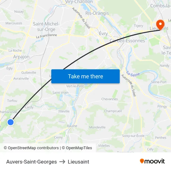 Auvers-Saint-Georges to Lieusaint map