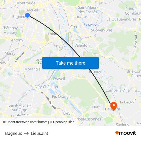 Bagneux to Lieusaint map