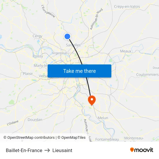 Baillet-En-France to Lieusaint map