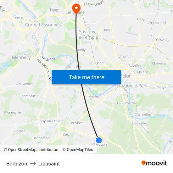 Barbizon to Lieusaint map