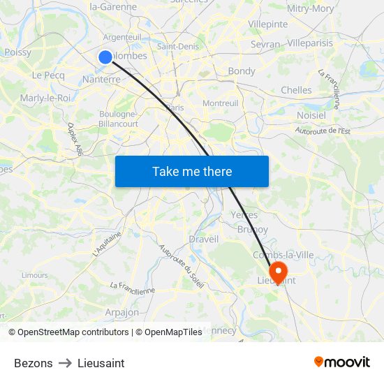 Bezons to Lieusaint map