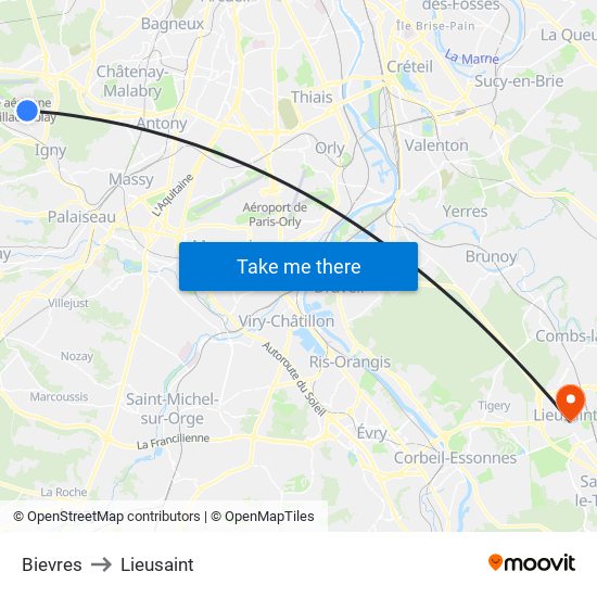 Bievres to Lieusaint map