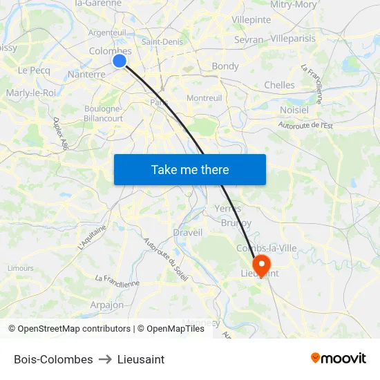 Bois-Colombes to Lieusaint map