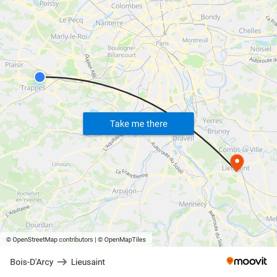 Bois-D'Arcy to Lieusaint map
