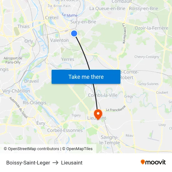 Boissy-Saint-Leger to Lieusaint map