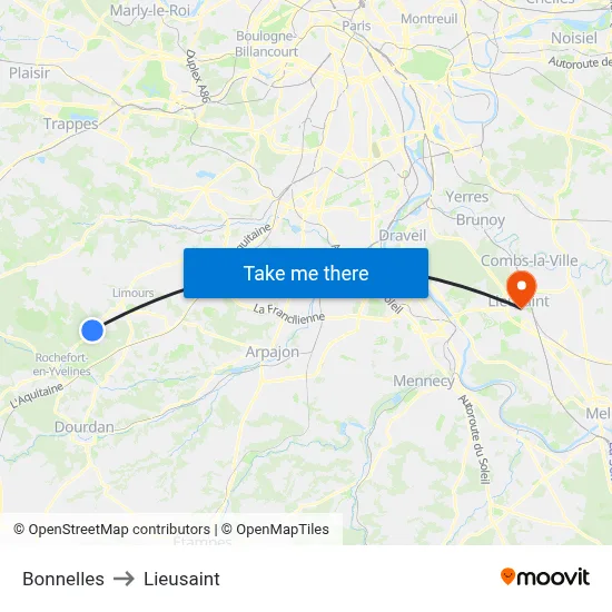 Bonnelles to Lieusaint map