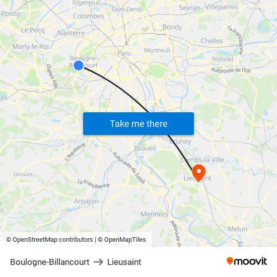 Boulogne-Billancourt to Lieusaint map