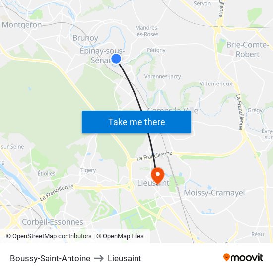 Boussy-Saint-Antoine to Lieusaint map