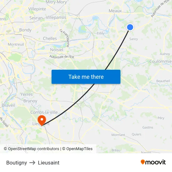 Boutigny to Lieusaint map