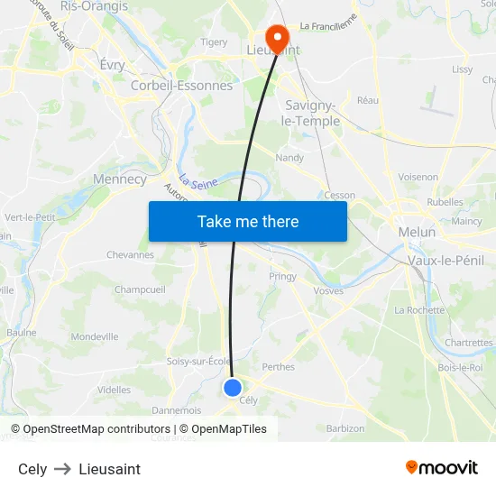 Cely to Lieusaint map