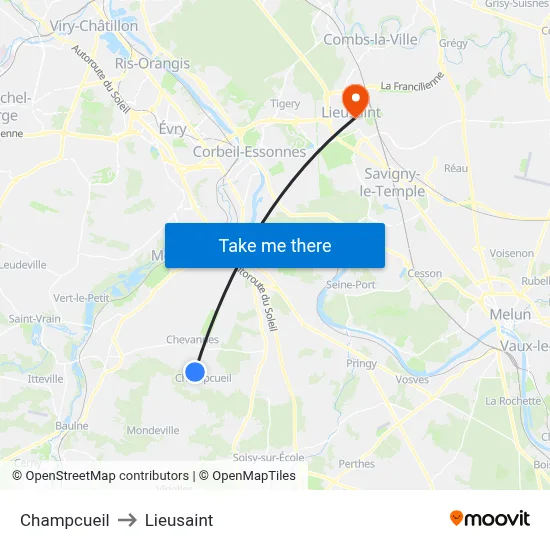 Champcueil to Lieusaint map