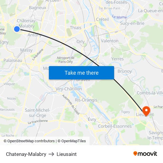 Chatenay-Malabry to Lieusaint map