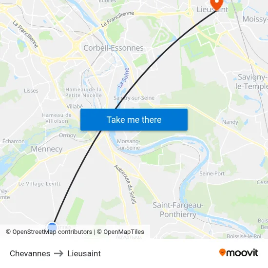 Chevannes to Lieusaint map