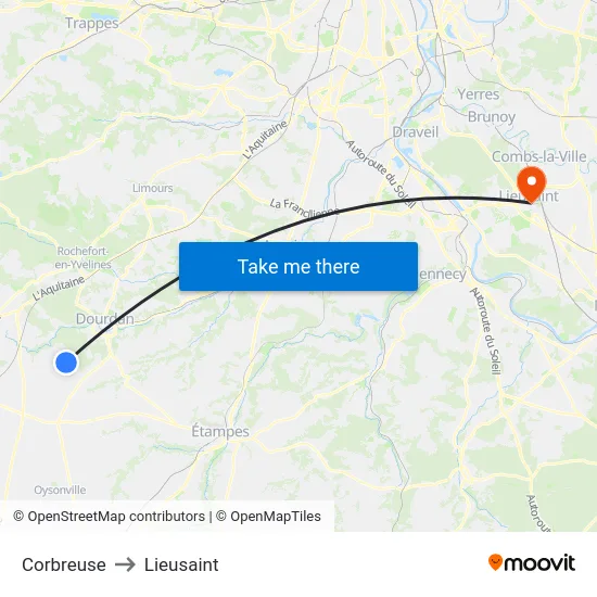 Corbreuse to Lieusaint map