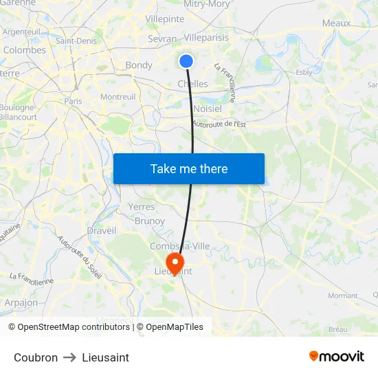 Coubron to Lieusaint map